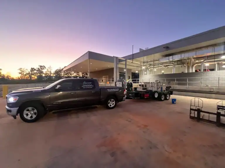 Eco Blast Pressure Washing truck and commercial cleaning equipment at industrial facility in Greenville Spartanburg SC during exterior washing project"