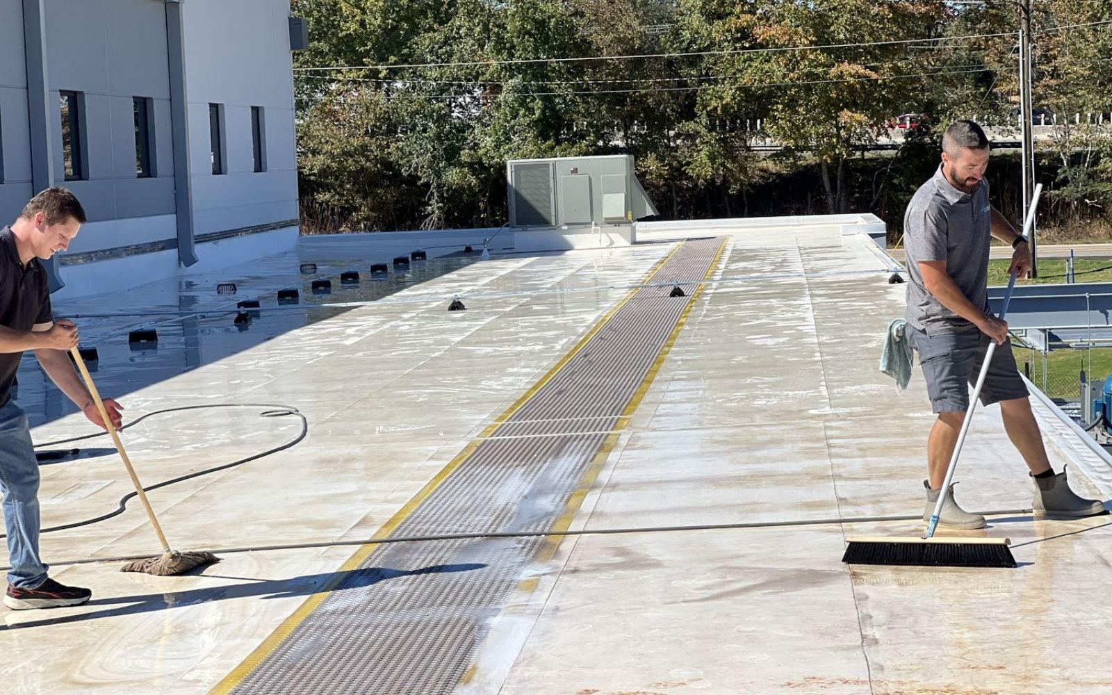 Eco Blast technicians soft washing TPO roof
