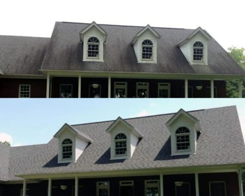 Before and after roof soft washing in Greenville SC